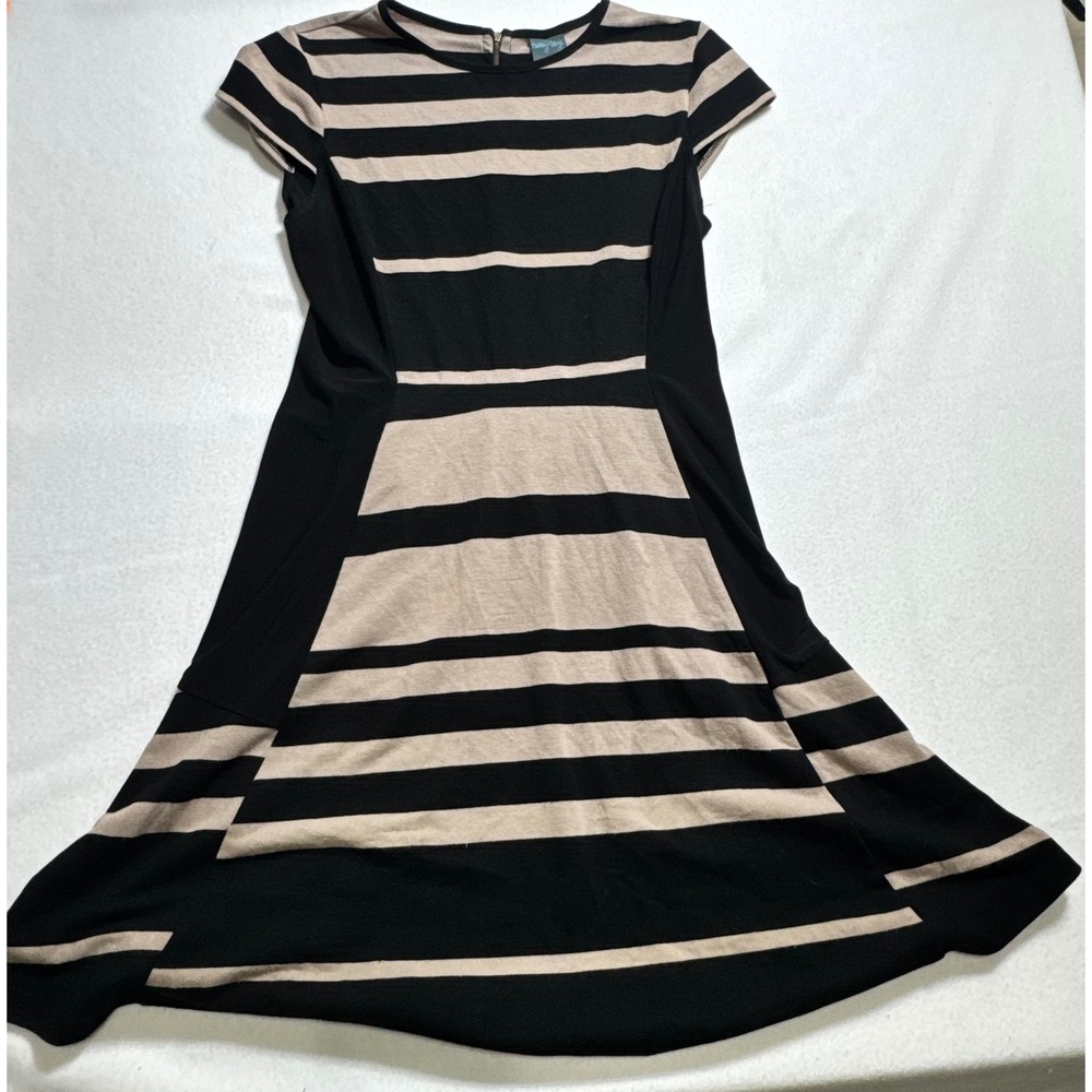 Gabby Skye Dress 6 Black Tan Striped Fit Flare Short Sleeve Exposed Zip Rayon